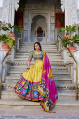 Mustard Color Tussar Silk Kalamkari Printed Lehenga Choli