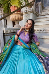 Sea Green Color Tussar Silk Kalamkari Printed Lehenga Choli