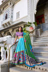 Sea Green Color Tussar Silk Kalamkari Printed Lehenga Choli