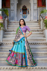 Sea Green Color Tussar Silk Kalamkari Printed Lehenga Choli