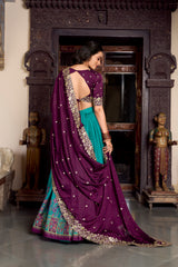 Firozi Color Printed With Foil Work Tussar Silk Lehenga Choli