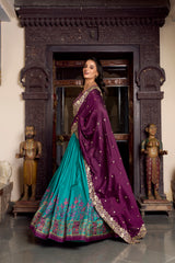 Firozi Color Printed With Foil Work Tussar Silk Lehenga Choli