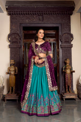 Firozi Color Printed With Foil Work Tussar Silk Lehenga Choli