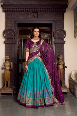 Firozi Color Printed With Foil Work Tussar Silk Lehenga Choli
