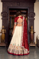 Off White Color Tussar Silk Printed And Foil Work Lehenga Choli