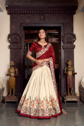 Off White Color Tussar Silk Printed And Foil Work Lehenga Choli