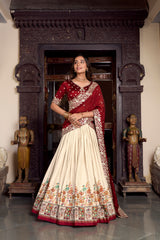 Off White Color Tussar Silk Printed And Foil Work Lehenga Choli