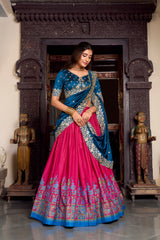 Pink Color Tussar Silk Printed And Foil Work Lehenga Choli