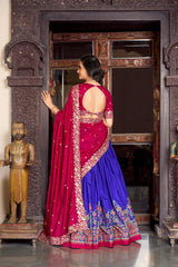 Royal Blue Color Printed With Foil Work Tussar Silk Lehenga Choli