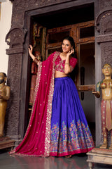 Royal Blue Color Printed With Foil Work Tussar Silk Lehenga Choli