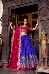 Royal Blue Color Printed With Foil Work Tussar Silk Lehenga Choli