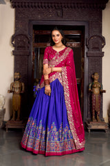 Royal Blue Color Printed With Foil Work Tussar Silk Lehenga Choli