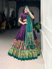 Designer Tussar Silk Lehenga Choli for Navratri | Printed and Foil Work