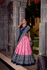 BEAUTIFUL LIGHT PINK SILK IKKAT PRINTED LEHENGA CHOLI WITH DUPATTA