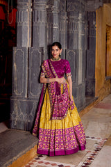 TANTALIZING MUSTARD YELLOW IKKAT PRINTED SILK LEHENGA CHOLI