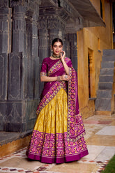 TANTALIZING MUSTARD YELLOW IKKAT PRINTED SILK LEHENGA CHOLI