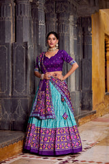 MESMERIZING SKY BLUE SILK IKKAT PRINTED FESTIVAL WEAR LEHENGA CHOLI