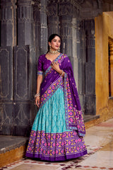 MESMERIZING SKY BLUE SILK IKKAT PRINTED FESTIVAL WEAR LEHENGA CHOLI