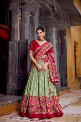 DELICATE SAGE GREEN SILK IKKAT PRINTED TRADITIONAL LEHENGA CHOLI