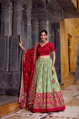 DELICATE SAGE GREEN SILK IKKAT PRINTED TRADITIONAL LEHENGA CHOLI