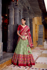 DELICATE SAGE GREEN SILK IKKAT PRINTED TRADITIONAL LEHENGA CHOLI