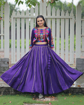 Elegant Purple Mirror Work Navratri Lehenga With Jacket Style Blouse