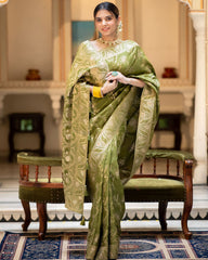 NEMESIS MEHNDI SOFT SILK SAREE WITH SERENDIPITY BLOUSE PIECE