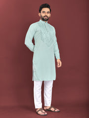 Sky Color Men's Kurta Pajama Set In Soft Silk With Real Mirror Work On Neck