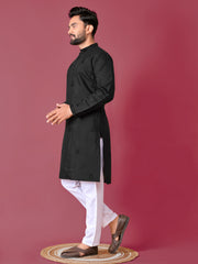 Black Color Men's Kurta Pajama Set In Roman Silk With Val Moti Hand Work