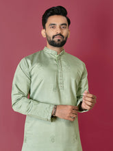 Pista Color Men's Kurta Pajama Set In Roman Silk With Val Moti Hand Work