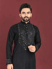 Black Color Men's Kurta Pajama Set In Soft Silk With Real Mirror Work On Neck