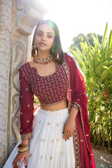 White Sequins and Thread Embroidery Work With Lace Lehenga Choli