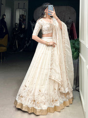 ENCHANTING OFF-WHITE FOIL WORK SILK FESTIVE WEAR LEHENGA CHOLI WITH DUPATTA