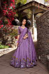 Lavender Color Vichitra Silk Thread Embroidered Lehenga Choli