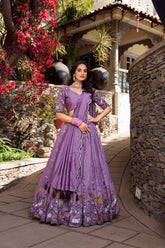Lavender Color Vichitra Silk Thread Embroidered Lehenga Choli