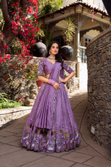 Lavender Color Vichitra Silk Thread Embroidered Lehenga Choli