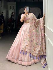 Light Pink Thread Embroidered Gold Crush Lehenga Set For Wedding