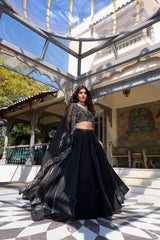 Black Color Pearl Coding And Sequins Embroidery Work With Satin Lehenga Choli