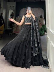 Black Color Pearl Coding And Sequins Embroidery Work With Satin Lehenga Choli