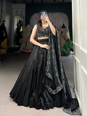 Black Color Pearl Coding And Sequins Embroidery Work With Satin Lehenga Choli