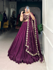 Stunning Wine Organza Lehenga With Thread Embroidered Velvet Blouse