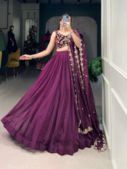 Stunning Wine Organza Lehenga With Thread Embroidered Velvet Blouse