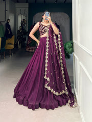 Stunning Wine Organza Lehenga With Thread Embroidered Velvet Blouse