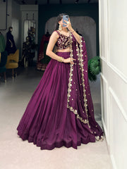 Stunning Wine Organza Lehenga With Thread Embroidered Velvet Blouse