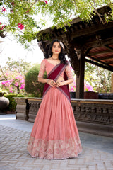 Peach Color Silver Glossy Embroidered Lehenga Choli