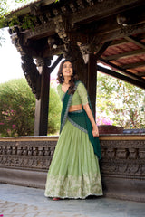 Pista Color Silver Glossy Embroidered Lehenga Choli