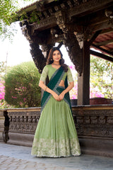Pista Color Silver Glossy Embroidered Lehenga Choli