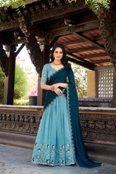 Sky Blue Color Silver Glossy Embroidered Lehenga Choli