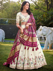 Impressive Off-White Sequins Cotton Event Wear Lehenga Choli With Wine Dupatta