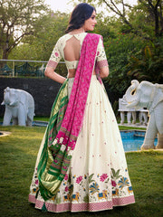 Adoring Off-White Embroidered Cotton Traditional Lehenga Choli With Pink Dupatta